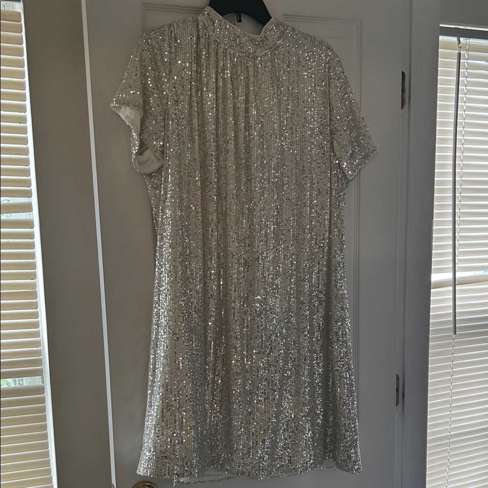 Silver Sequin Short Sleeve Midi Dress